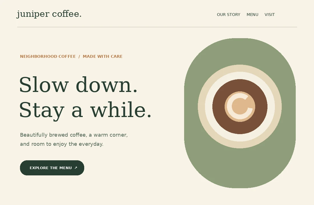 Homepage screenshot of Juniper Coffee concept website